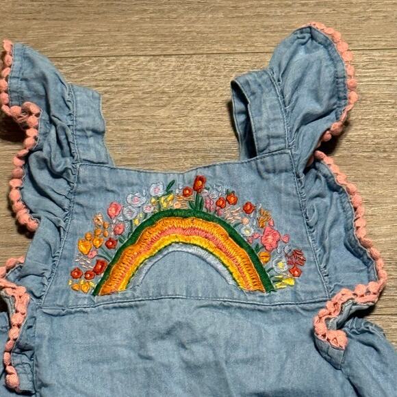 Mud Pie Chambray Baby Romper | Embroidered Rainbow Floral | 6–9M - Picture 5 of 5